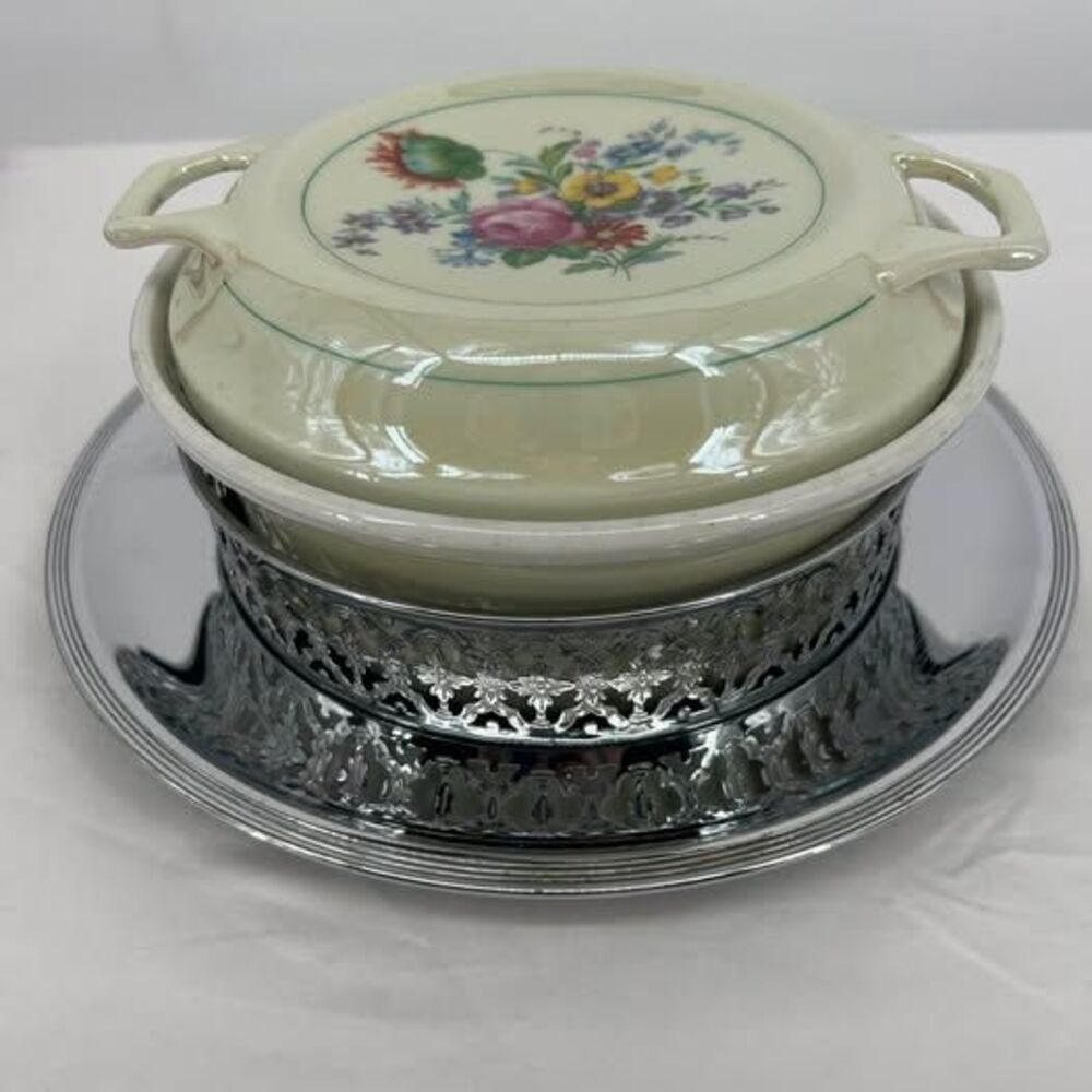 Antique Royal Rochester Fraunfelter China Floral Chafing Dish Warming Stand